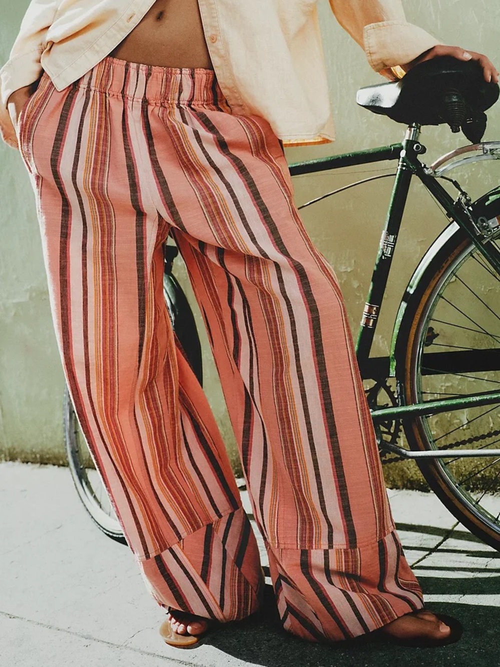 Free People Coral Pink Orange Striped Colorful Bohemian Wide Leg Stretch Pants M